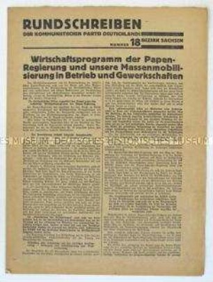 Rundschreiben der KPD Sachsen u.a. zum Wirtschaftsprogramm der Papen-Regierung, mit Pressespiegel
