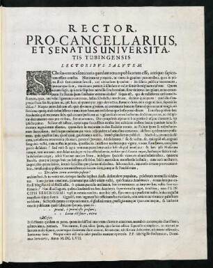 Rector, Pro-Cancellarius, Et Senatus Universitatis Tubingensis Lectoribvs Salvtem!