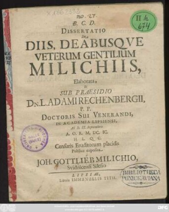 Dissertatio De Diis, Deabusque Veterum Gentilium Milichiis