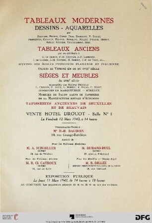 Tableaux modernes, dessins, aquarelles : par Bonnard ..., tableaux anciens par où attribués à D. de Blieck ..., oeuvres des écoles primitives flamande et italienne, objets de vitrine en or du XVIIIe siècle, sièges et meubles du XVIIIe siècle ..., tapisseries anciennes de Bruxelles et de Beauvais ; vente Hôtel Drouot, le vendredi 12 mars 1943
