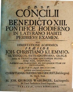 Concilii a Benedicto XIII. Pont. hodierno in Laterano habiti perbreve examen
