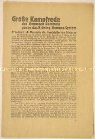 Flugschrift mit dem Wortlaut der Reichstagsrede von Hermann Remmele gegen die Brüning-Regierung als "Vorstufe der faschistischern Diktatur"