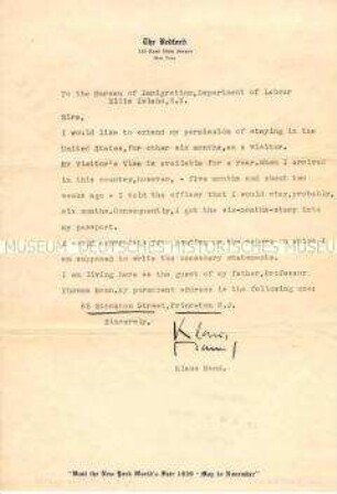 Handsignierter maschinenschriftlicher Brief von Klaus Mann an das Emigrantenbüro in New York mit der Bitte um Verlängerung der Aufenthaltsgenehmigung