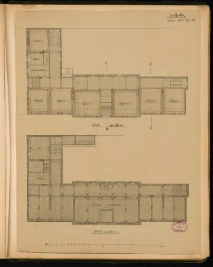 Knabenschule, Eilenburg Monatskonkurrenz Juni 1881: Grundriss Keller, Erdgeschoss; Maßstabsleiste