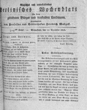 519tes Stück, Sonnabend den 12. December 1818