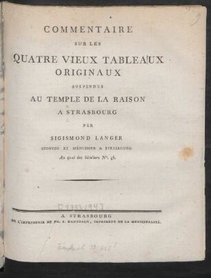 Commentaire Sur Les Quatre Vieux Tableaux Originaux Suspendus Au Temple De La Raison A Strasbourg
