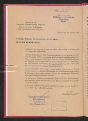 Vorläufiger Lehrplan für Oberschulen, 9. - 12. Klasse, Gegenwartskunde