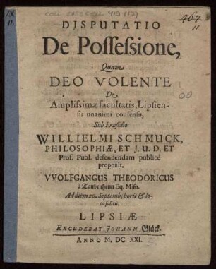 Disputatio De Possessione : Quam Deo Volente De Amplissimae facultatis, Lipsiensis unanimi consensu