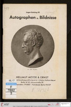 Nr. 83: Lager-Katalog: Autographen u. Bildnisse