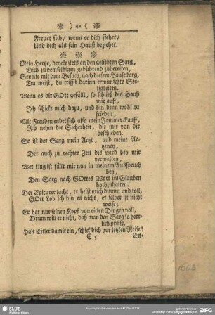 Mein Hertze, dencke stets an den geliebten Sarg, ...