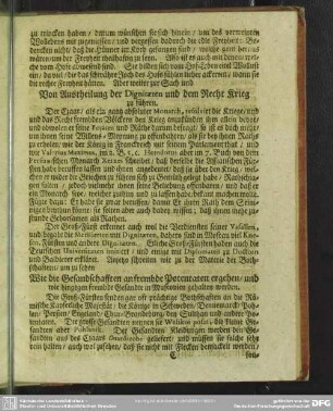 Von Austheilung der Dignitaeten und dem Recht Krieg zu führen