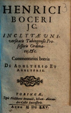 Henrici Boceri commentarius brevis de adulterio et adulteris