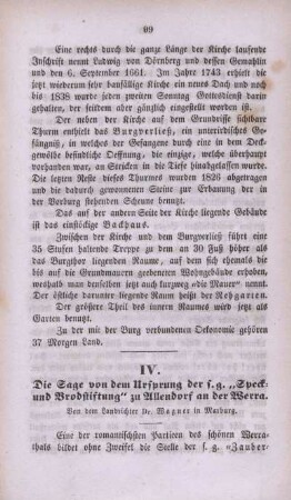 IV. Die Sage von dem Ursprung der s.g. "Speck- und Brodstiftung" zu Allendorf an der Werra.