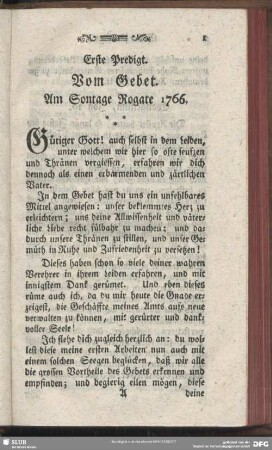 Erste Predigt. Vom Gebet : Am Sontage Rogate 1766