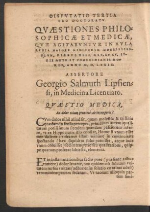 Disputatio Tertia Pro Doctoratu. Quaestiones Philosophicae Et Medicae ...