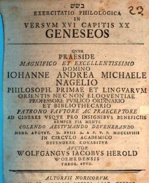 Exercitatio philol. in versum XVI. capitis XX. Geneseos