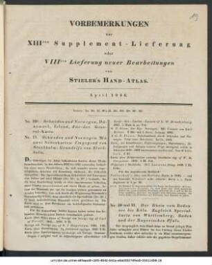 Vorbemerkungen zur XIIIten Supplement-Lieferung oder VIIIten Lieferung neuer Bearbeitungen von Stieler's Hand-Atlas : April 1846