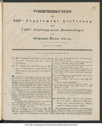 Vorbemerkungen zur XIIIten Supplement-Lieferung oder VIIIten Lieferung neuer Bearbeitungen von Stieler's Hand-Atlas : April 1846