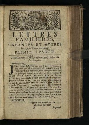 Lettres Familieres, Galantes Et Autres Sur Toutes Sortes De Sujets: Premiere Partie