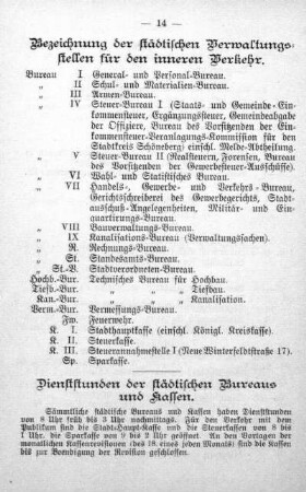 Bezeichnung der städtischen Verwaltungsstellen für den inneren Verkehr. Dienststunden der städtischen Bureaus und Kassen
