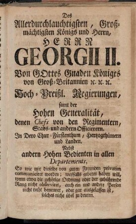Des Allerdurchlauchtigsten, Großmächtigsten Königs und Herrn, Herrn Georgii II.[...]