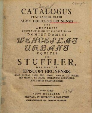 Catalogus venerabilis cleri Dioecesis Brunensis. 1830