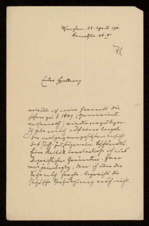 71: Brief von Karl von Unzer an Gottlieb Planck, München, 28.4.1901