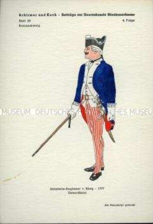 Uniformdarstellung, Unteroffizier des Infanterie-Regiments "von Rhetz", Fürstentum Braunschweig-Wolfenbüttel, 1777.