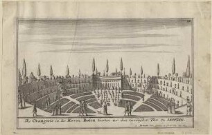 Ansicht der Orangerie in Boses Garten in Leipzig, Kupferstich, 1720? : Orangerie in der Herren Bosen Garten vor dem Grimmischen Thor zu Leipzig : cum Gratia et Priv. Sac. Caes. Maj. / G. Bodenehr [S.l.] , [um 1720?]. - 1 Ansicht : Radierung ; 25 x 14 cm ; Andere Ausg. der gleichen Ansicht von Stridbeck, Johann