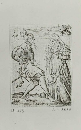 Edelmann und Dame : Solis, Virgil der Ältere: Edelmann und Dame. Blatt 2 einer zehnteiligen Folge der Tanzpaare. Kupferstich; 58 x 45 mm. Dresden: Kupferstich-Kabinett A 3888 in A 167, B. 225