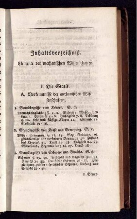 Inhaltsverzeichnis. Elemente der mechanischen Wissenschaften.