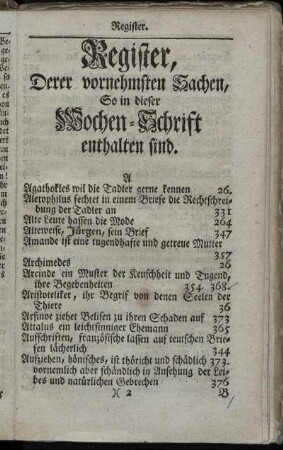 Register, Derer vornehmsten Sachen, So in dieser Wochen-Schrift enthalten sind.