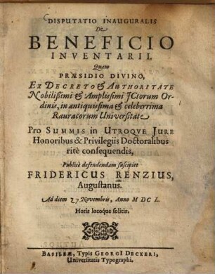 Disputatio inauguralis. De Beneficio Inventarii