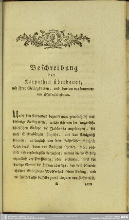 Beschreibung der Karpathen überhaupt, mit ihren Gebirgsarten, und darinn vorkommenden Merkwürdigkeiten