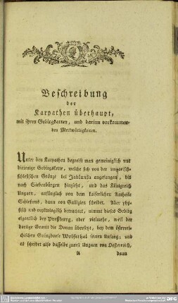 Beschreibung der Karpathen überhaupt, mit ihren Gebirgsarten, und darinn vorkommenden Merkwürdigkeiten