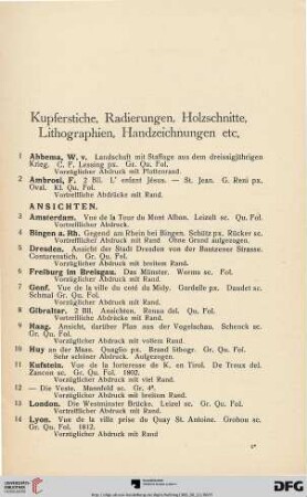 Kupferstiche, Radierungen, Holzschnitte, Lithographien, Handzeichnungen etc. (Nr. 1-550)