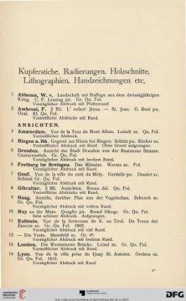 Kupferstiche, Radierungen, Holzschnitte, Lithographien, Handzeichnungen etc. (Nr. 1-550)