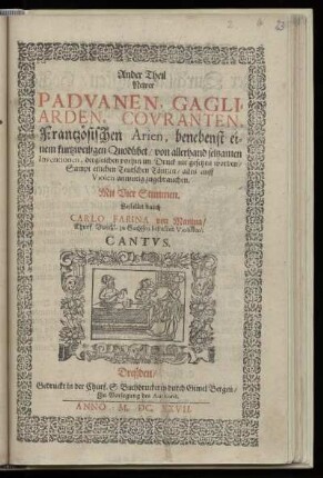 Carlo Farina: Ander Theil Newer Paduanen, Gagliarden, Couranten ... Mit vier Stimmen ... Cantus