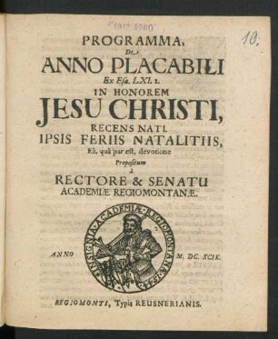 Programma, De Anno Placabili : Ex Esa. LXI. 2. In Honorem Jesu Christi, Recens Nati