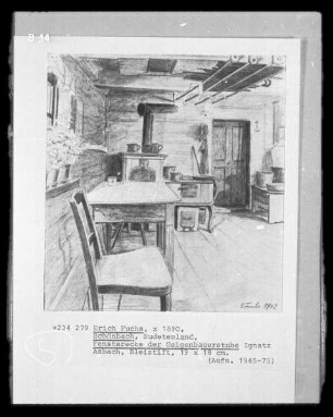 Ofenecke mit Stubentür der Geigenbauerstube (des Ignatz Asbach; Schönbach, Sudetenland)