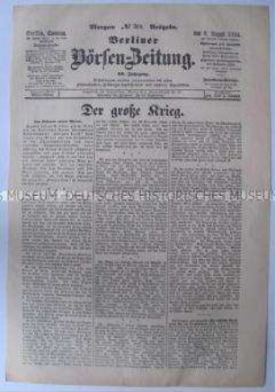 Titelblatt der "Berliner Börsen-Zeitung" zum Kriegsgeschehen