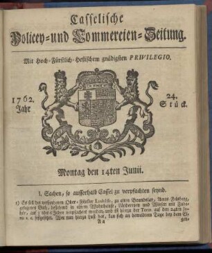 24. Stueck, Montag den 14ten Junii 1762