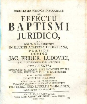 Dissertatio Juridica Inauguralis De Effectu Baptismi Juridico