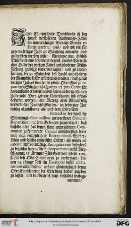 Ihro Churfürstliche Durchleucht ist bey jüngst verflossenen Rechnungs-Jahre der unterthänigste Anfrags-Bericht erstattet worden, was, und wie viel für gegenwärtiges Jahr an Schatzung anwieder ausgeschrieben werden solle ... : Mannheim den 11ten May 1756