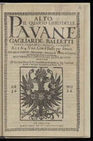 Carlo Farina: Il quarto libro delle pavane, gagliarde ... a 2. 3. & 4. voci ... Alto