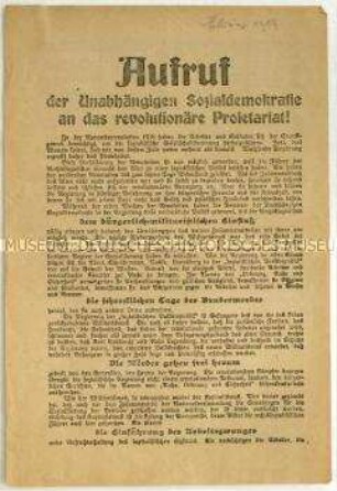 Flugblatt der USPD zur politischen Situation in Deutschland Anfang 1919 und Aufruf zum Beitritt