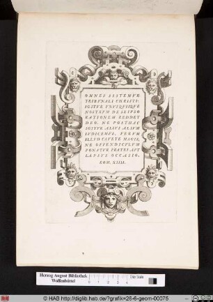 Kartusche mit Inschrift und Maskaronen.