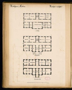 Rathaus, Calau Monatskonkurrenz März 1879: Grundriss Keller, Erdgeschoss, Obergeschoss; Maßstabsleiste