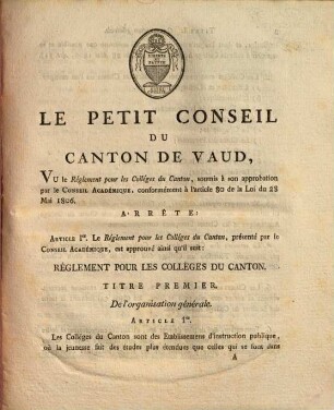 Règlement pour les colléges du canton : Lausanne, 16. Janv. 1811