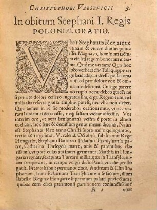 Christophori Varsevicii In Obitvm Stephani Primi, Regis Poloniae, Oratio